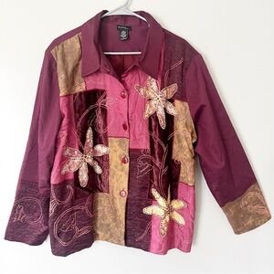 Vintage Patchwork Embroidered Velvet Lightweight Jacket Boho Festival XL Hippie